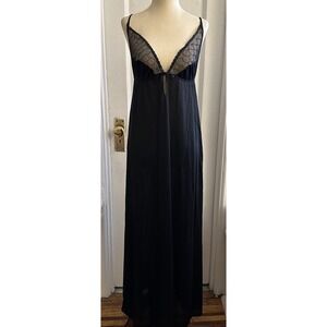 Vtg 60s Flair Maxi Slip Dress Gown Sz Large Black Union Label Sheer Mesh V Neck